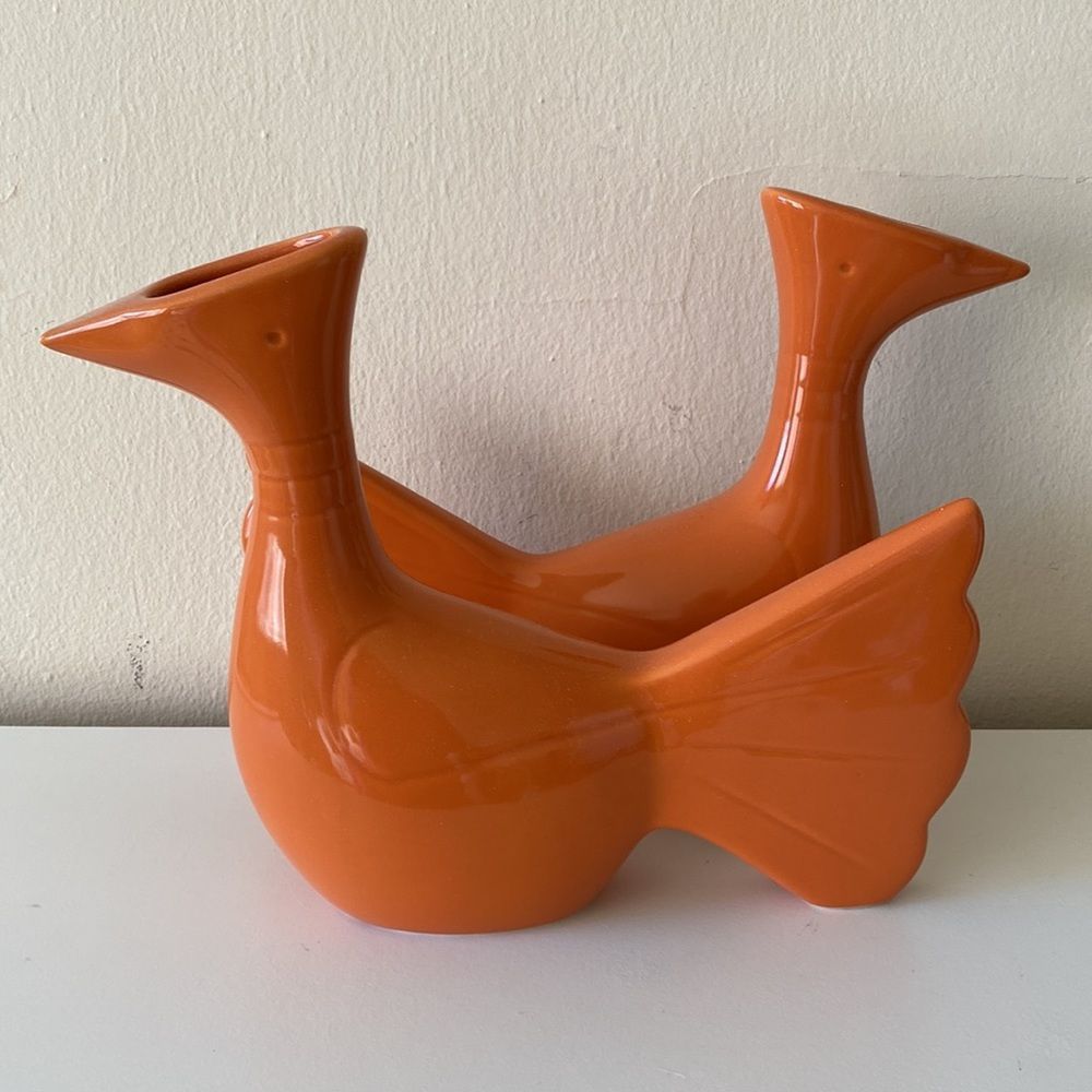 Set Of 2 Global Views Orange Mod Art Deco Bird Vases - Picture 2 of 11